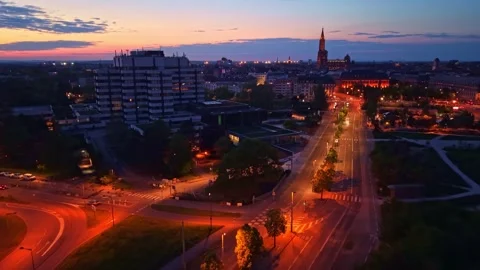 Aerial view of Quartier de l'Etoile and cathedral at night in Strasbourg, France Stock Footage 336383661