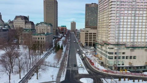 Aerial view of Quebec city empty Rene Leveque outbreak COVID 19 Stock-Footage 127519082