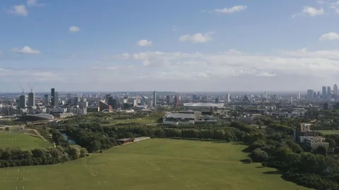 Aerial view of Queen Elizabeth Olympic Park and Here East London from drone Stock Footage