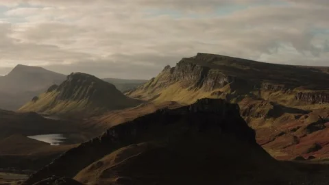 Aerial view of the Quiraing and surrounding areas in Isle of Skye, Autumn 2021 Stock Footage