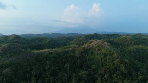 Aerial view of Quitinday green with distant Mayon Volcano covered by clouds Video stock 337256781