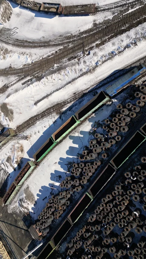 Aerial view of rail sorting freight station with railway cars. Heavy industry Stock Footage 267702910