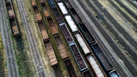 Aerial view of rail sorting freight station with railway cars, with many rail Stockfoto's