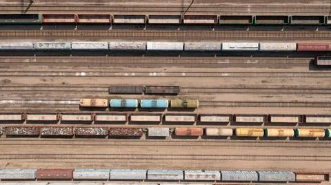 Aerial view of rail sorting freight station with railway Stock Photos