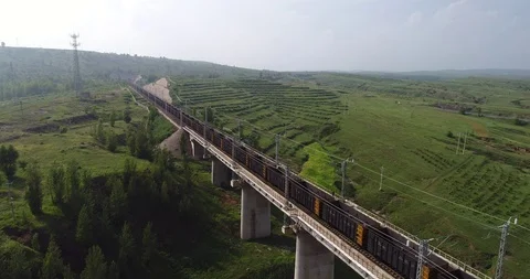 Aerial view of railway cargo train in China Stock Footage 95979634