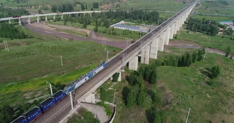 Aerial view of railway cargo train in China Stock Footage 95980483
