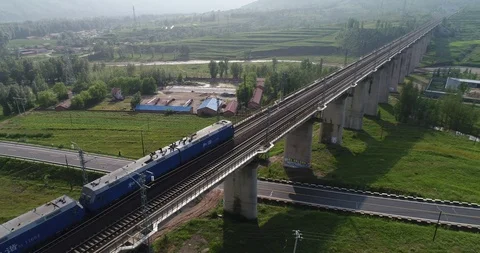 Aerial view of railway cargo train in China Stock Footage 95981783