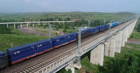 Aerial view of railway cargo train in China Stock Footage 95981989