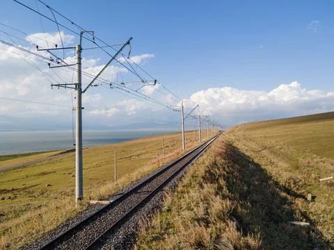 Aerial view of Railway lines in Samtskhe-Javakheti region of Georgia. Foto stock