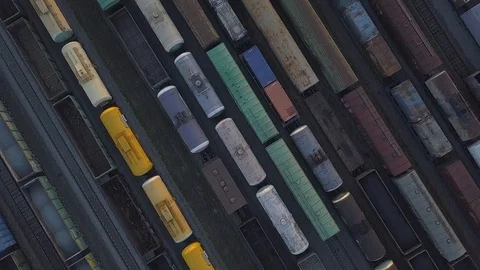Aerial view of railway sort facility with cargo trains. Stock Footage 118893499