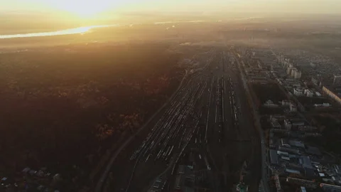 Aerial view. Railway sorting station. Many freight wagons and railway tracks at Stock-Footage 187579598