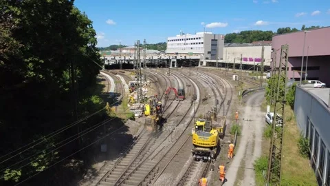 Aerial view of railway track construction at Passau station, Germany Stock Footage 338243480
