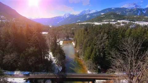 Aerial View of Railway Train Bridge Over Beautiful Nature River Landscape View Stock Footage 129508541