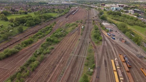 Aerial View Of Railway Yard With Freight Wagons In Birmingham UK Stock-Footage 334646822