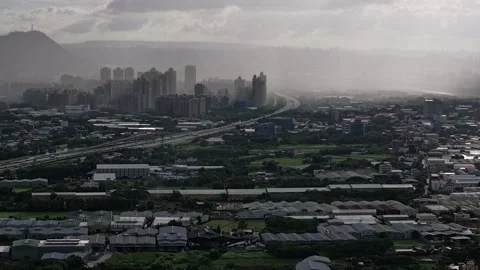 Aerial View of Rain Clouds Moving Over Residential Area Stock Footage 273563244