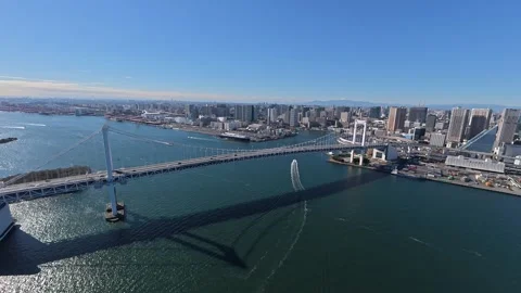 Aerial View of Rainbow Bridge and Tokyo Bay Waterfront, Japan Stock Footage 343806829