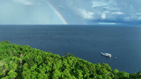 Aerial View of Rainforest, Small Ship, and Rainbow Over Pacific Ocean Stock Footage 229419400