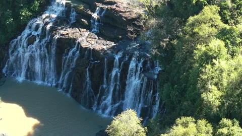 Aerial View of Rainforest Waterfalls Cascade and Lagoon in Atlantic Jungle Stock-Footage 341490936
