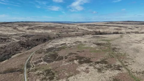 Aerial view of Ramsley Moor heather moorland in the Peak District Video stock 346236730