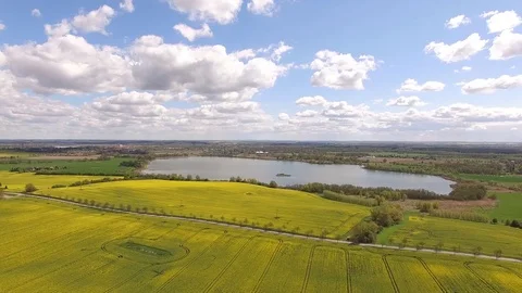 Aerial view of rape  fields with a lake under blue sky in germany Stock Footage 75442092