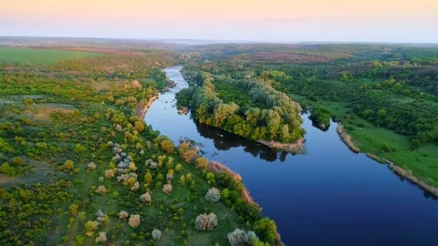 Aerial view of rapid river on sunset Stock Footage 76293975