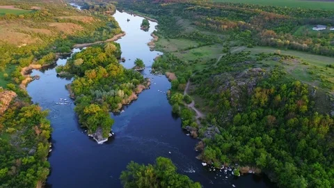 Aerial view of rapid river on sunset Stock Footage 76299380
