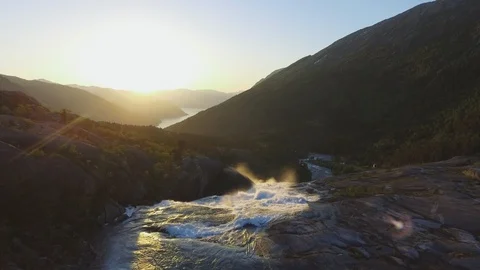 Aerial view of Rapid Stunning Waterfall in Husedalen Valley, Norway. Summer time Stock Footage 91069148