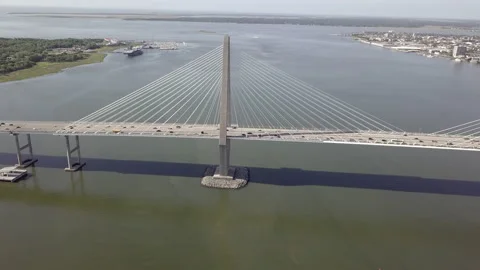 Aerial view of Ravenel Bridge and Charleston, South Carolina. Video stock 134077553