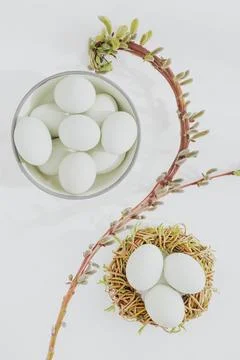 Aerial view of raw eggs on a white marble table Stock Photos