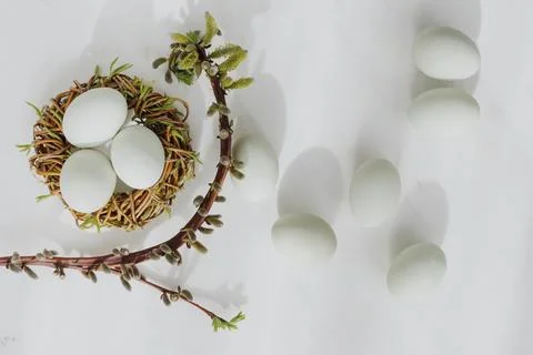 Aerial view of raw eggs on a white marble table Stock Photos