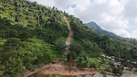 Aerial view of Rawa Gede Jonggol Lake and lush green hills, Indonesia. Stock Footage 336379861