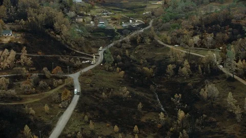 Aerial view recent devastating forest wildfire Paradise California Stock Footage 104235185