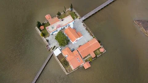 Aerial View of Rectangular Island with Red Tiled Roof Buildings Stock Photos