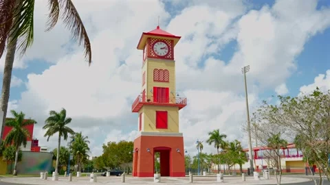 Aerial View Of Red And Beige Clock Tower At Lauderhill Sports Complex, Florida Stock Footage 339064639