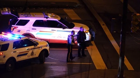 Aerial view of red and blue emergency lights of police cars Stock Footage 83524949