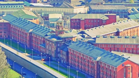 Aerial view of the red brick HM Prison in Wakefield, Yorkshire, England Vídeos de archivo 310776416