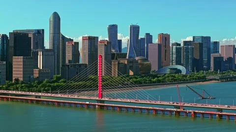 Aerial view of a red bridge spanning the Qiantang River in Hangzhou. Stock-Footage 333775857