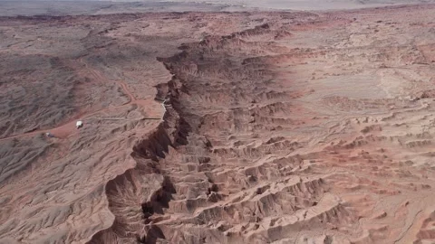 Aerial View of Red Cliff Mars Camp Geological Landscape Qinghai China Stock Footage 336619844