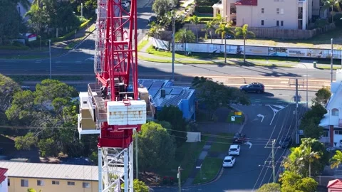 Aerial View of Red Construction Crane Over Surfers Paradise Stock-Footage 342591014