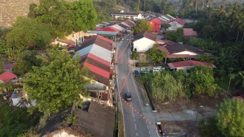 Aerial view red lantern is decorated at town Stock Footage 149222306