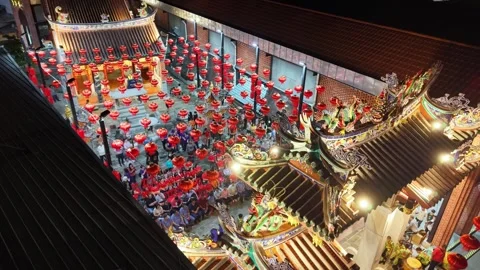 Aerial view red lantern decoration at BM Pek Kong Cheng Temple Видео 327804301