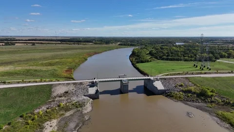 Aerial View of Red River Floodway Spillway Gates in Winnipeg Manitoba Stock Footage 346808413