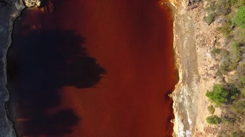 Aerial view of a red river with shores or both sides Stock Footage