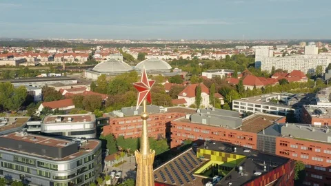Aerial view of Red Ruby Star - Symbol of the Soviet Communist era in Leipzig Stock Footage 125453440