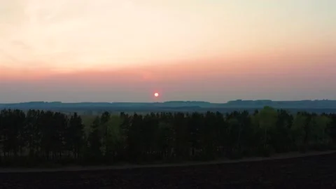 Aerial view of the red sunset over the forest Stock Footage 166013049
