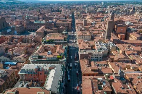 Aerial view of red tiled rooftops in Bologna, Italy Stock Photos