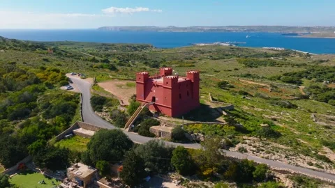 Aerial view of Red tower on Malta island Stock Footage 305883369