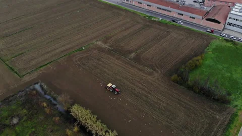 Aerial view of red tractor is plowing ground on cultivated farm field. Top view Stock Footage 144243460