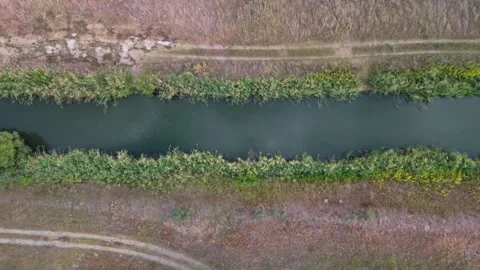Aerial view of a reed-lined rural canal and dirt tracks near Újsolt, Hungary. Stock Footage 346664260