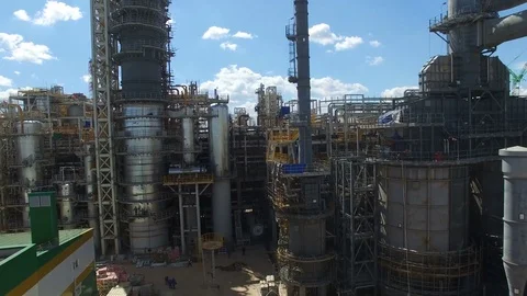 Aerial View of Refinery Construction Site against Blue Sky Stock Footage 74404626